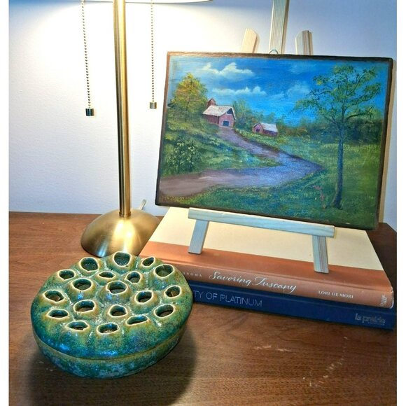 Vintage Ceramic Lotus Pod Flower Frog With Lid Turquoise Beige Glaze - Picture 2 of 6